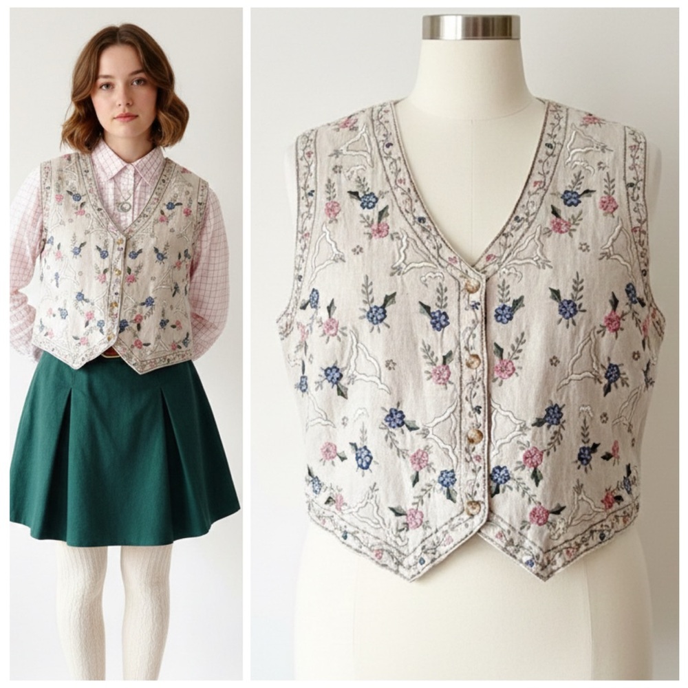 Vintage Cottagecore Floral Embroidered Cotton Linen Folk Vest Boho 90s Revival M - Picture 13 of 13